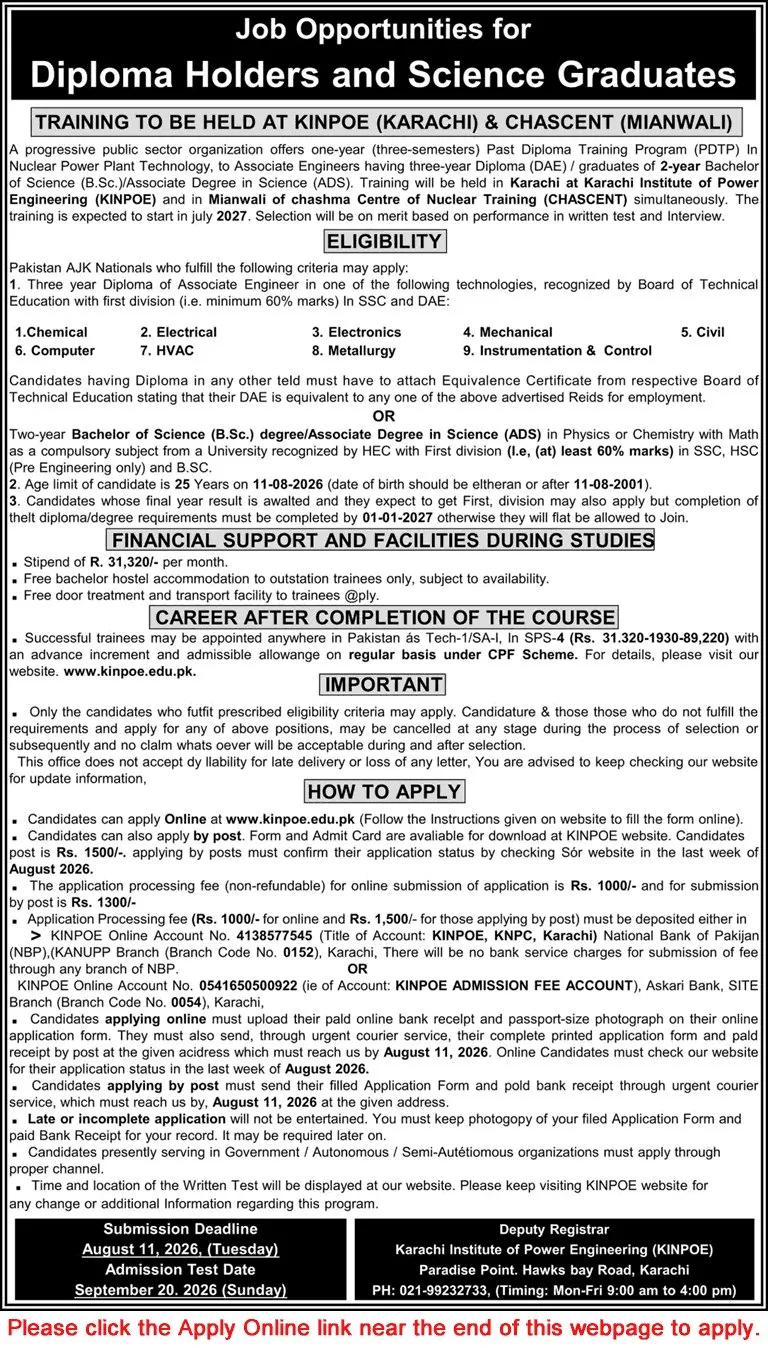 Job Advertisement - KINPOE & CHASCENT PDTP 2026 July DAE Diploma Holders & Science Graduates Jobs in PAEC Online Apply Latest