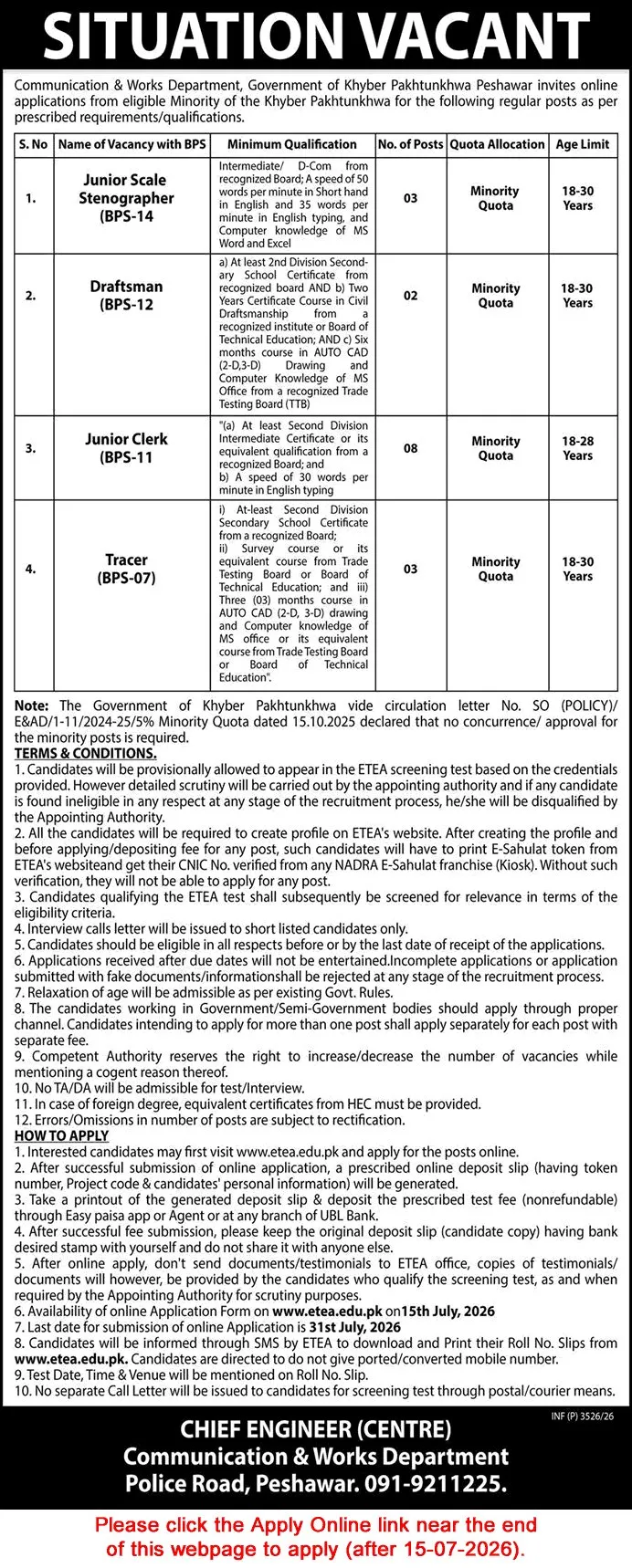 Job Advertisement - Communication and Works Department KPK Jobs July 2026 Apply Online Clerks, Stenographers & Others Minority Quota Latest