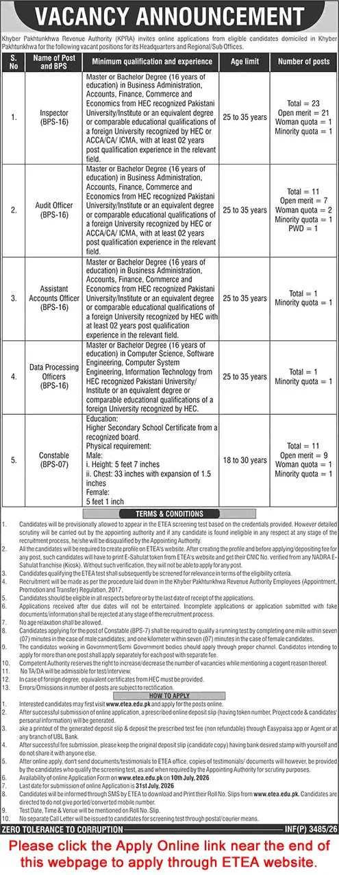 Job Advertisement - Khyber Pakhtunkhwa Revenue Authority Jobs 2026 July Apply Online Inspectors, Constables & Others KPRA Latest