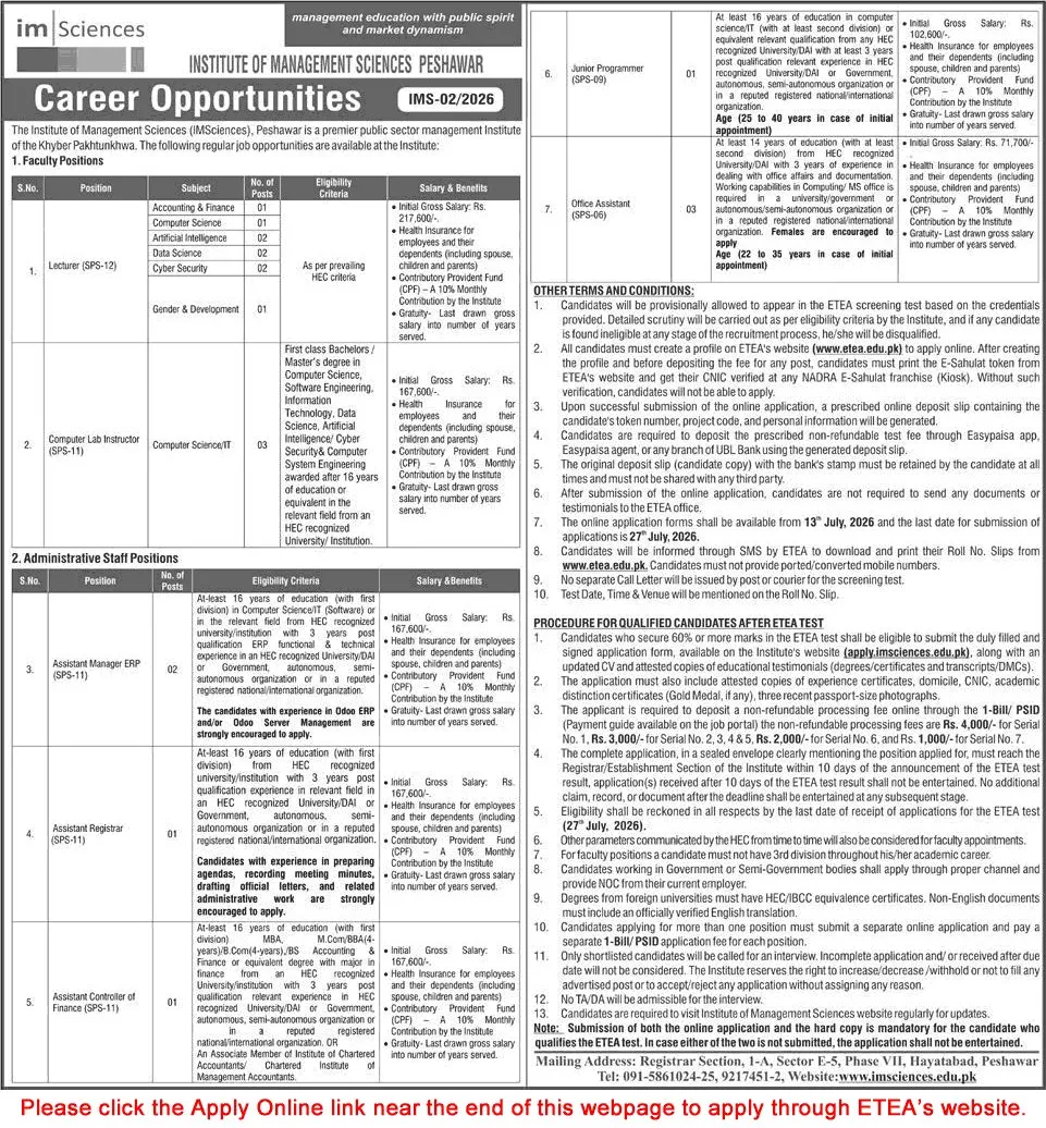 Job Advertisement - Institute of Management Sciences Peshawar Jobs 2026 July ETEA Apply Online Lectures, Office Assistants & Others Latest