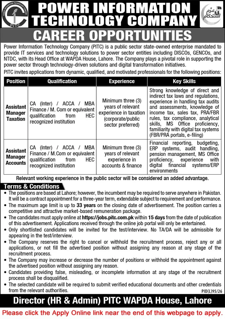 Job Advertisement - Assistant Manager Jobs in Power Information Technology Company July 2026 Apply Online PITC Latest