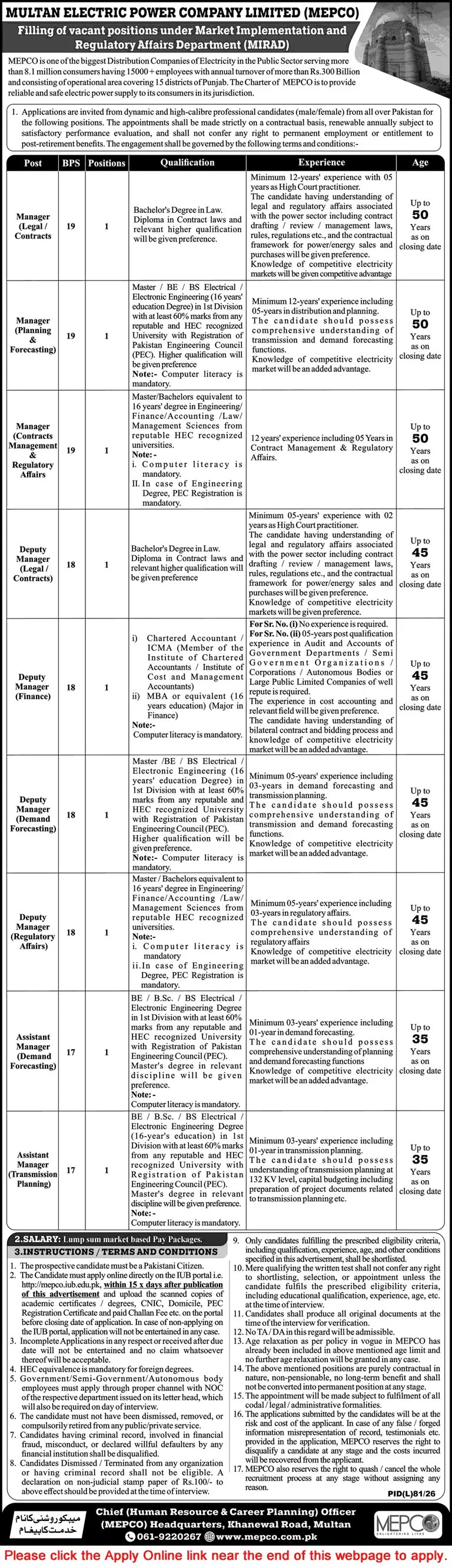 Job Advertisement - MEPCO Jobs July 2026 Apply Online WAPDA Assistant / Deputy Managers Multan Electric Power Company Latest