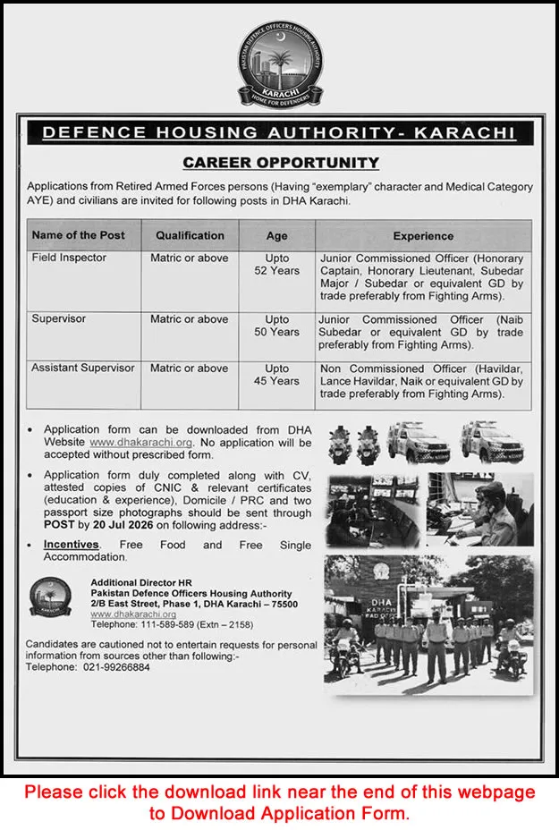 Job Advertisement - DHA Karachi Jobs July 2026 Application Form Field Inspector & Assistant / Supervisors Latest