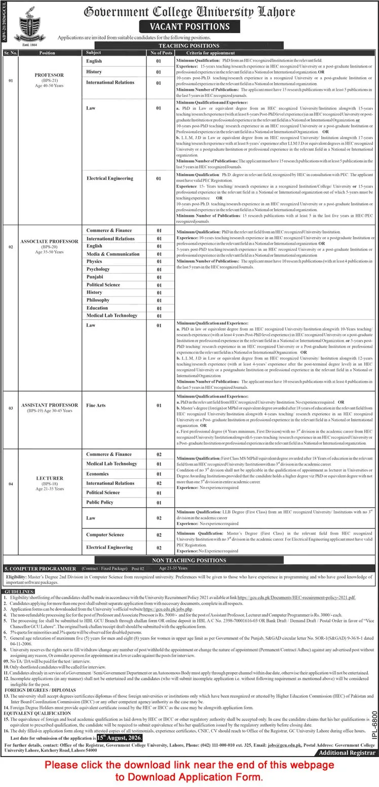 Job Advertisement - GC University Lahore Jobs July 2026 Application Form Teaching Faculty & Computer Programmer Latest