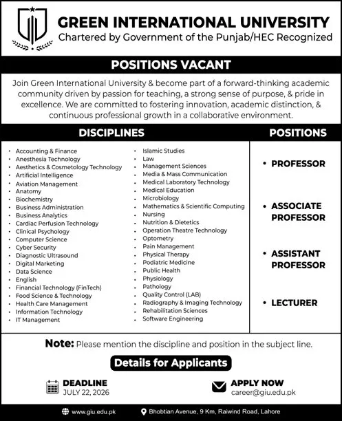 Job Advertisement - Green International University Lahore Jobs July 2026 Teaching Faculty GIU Latest