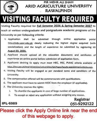 Job Advertisement - Visiting Faculty Jobs in Arid Agriculture University Rawalpindi July 2026 Apply Online AAUR Latest