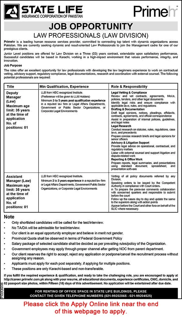 Job Advertisement - Law Manager Jobs in State Life Insurance Corporation of Pakistan