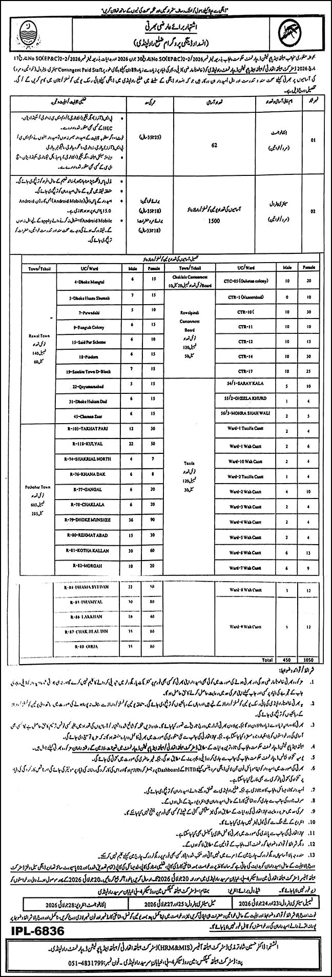 Job Advertisement - District Health Authority Rawalpindi Jobs July 2026 Sanitary Patrol & Entomologists