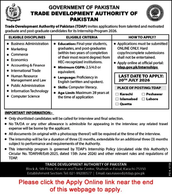 Job Advertisement - Trade Development Authority of Pakistan Internship Program July 2026 Apply Online