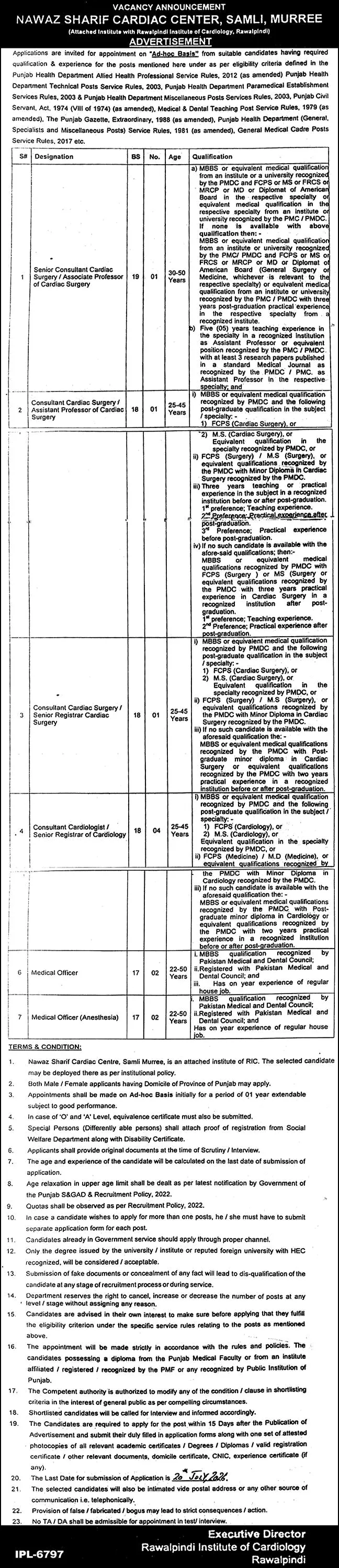 Job Advertisement - Nawaz Sharif Cardiac Center Samli Murree Jobs 2026 July Medical Officers & Consultants Rawalpindi Institute of Cardiology