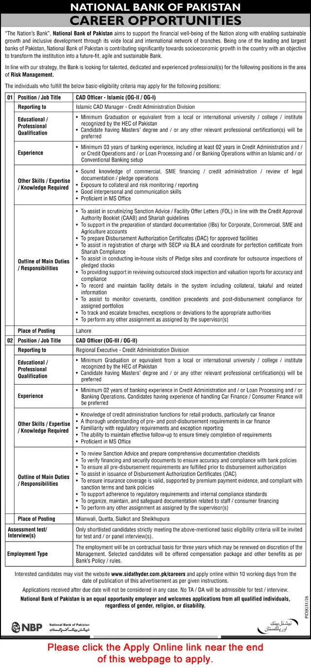 Job Advertisement - CAD Officer Jobs in National Bank of Pakistan July 2026 Apply Online NBP Latest