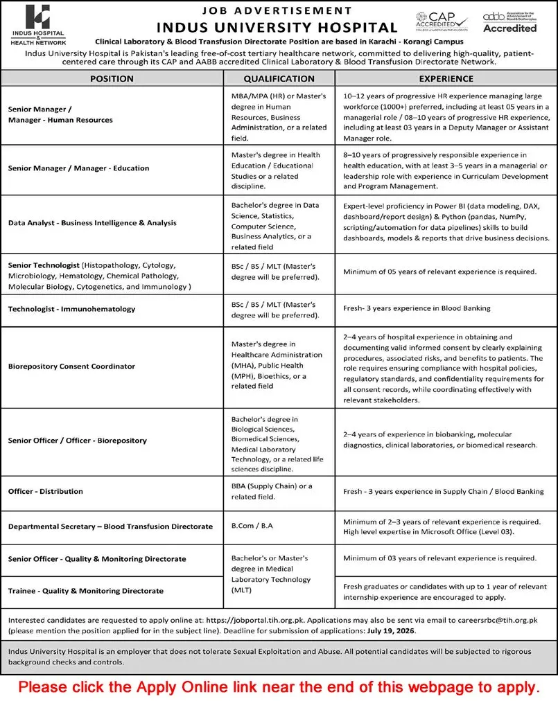 Job Advertisement - Indus University Hospital Karachi Jobs July 2026 Apply Online Technologists, Managers & Others Latest