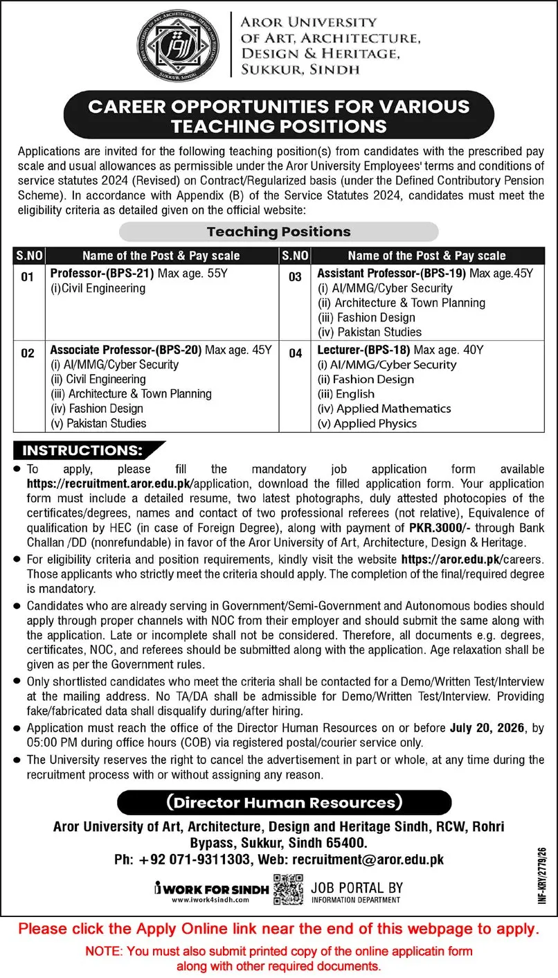 Job Advertisement - Aror University Sukkur Jobs July 2026 Apply Online Teaching Faculty Latest