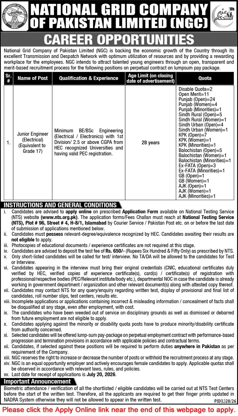Job Advertisement - Electrical Engineer Jobs in National Grid Company of Pakistan July 2026 NTS Apply Online NGC NTDC Latest