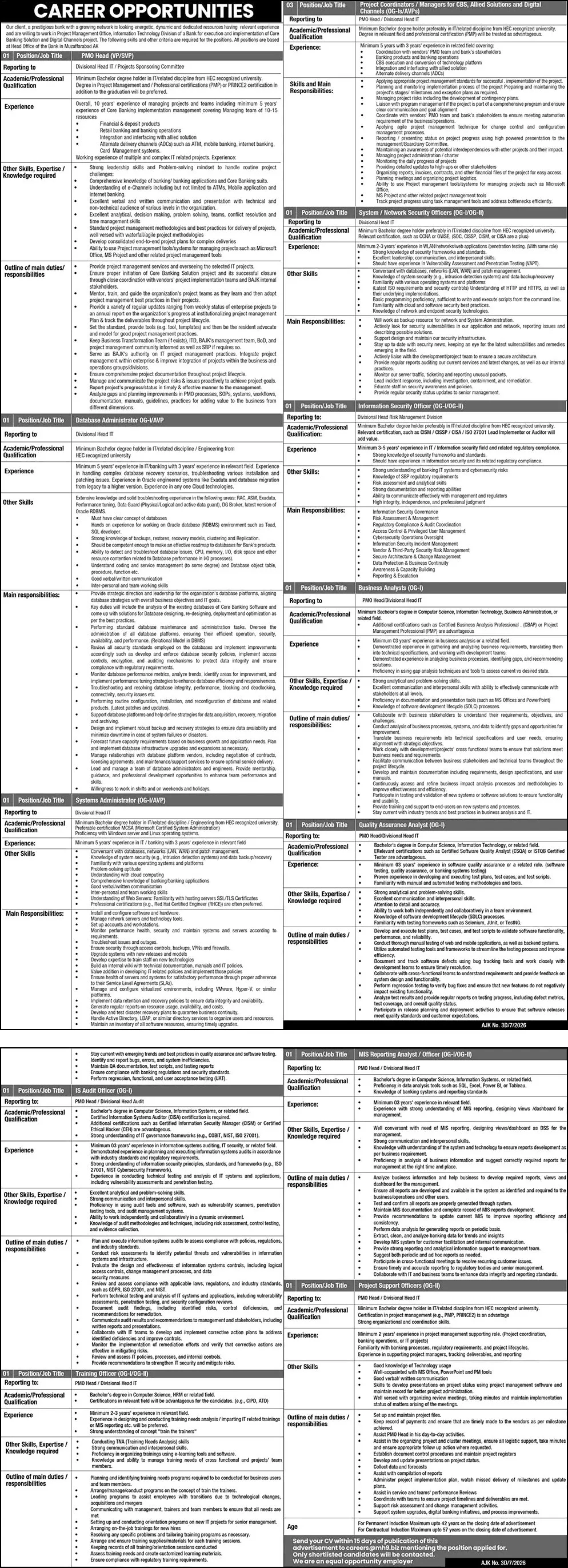 Job Advertisement - AJK Bank Jobs July 2026 Project Coordinators / Managers & Others in Bank of Azad Jammu & Kashmir (BAJK) Latest