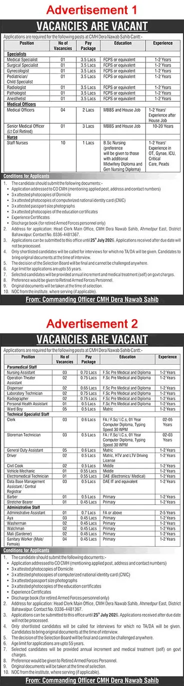 Job Advertisement - CMH Dera Nawab Sahib Jobs 2026 July Nurses, Medical Officers / Technicians & Others Latest