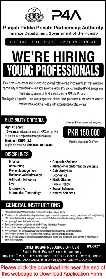 Job Advertisement - Punjab Public Private Partnership Authority Jobs 2026 July Application Form P4A Young Professionals Programme