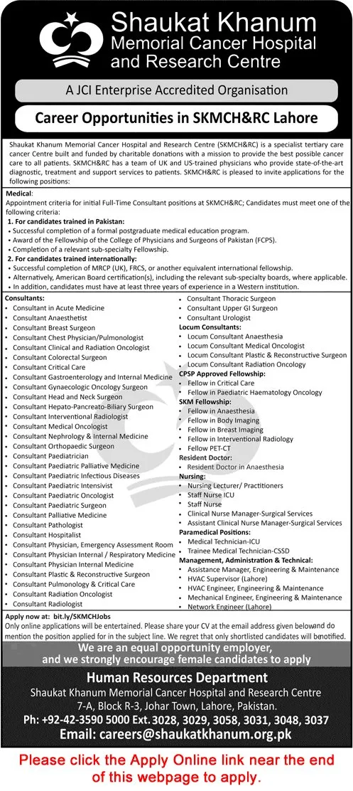 Job Advertisement - Shaukat Khanum Hospital Lahore Jobs July 2026 Apply Online Medical Consultants, Nurses & Others SKMCH&RC Latest