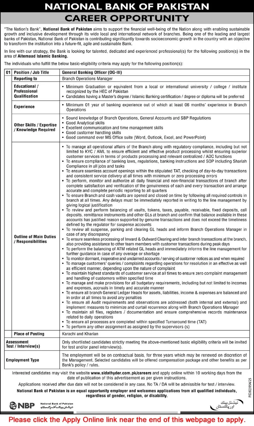 Job Advertisement - General Banking Officer Jobs in National Bank of Pakistan