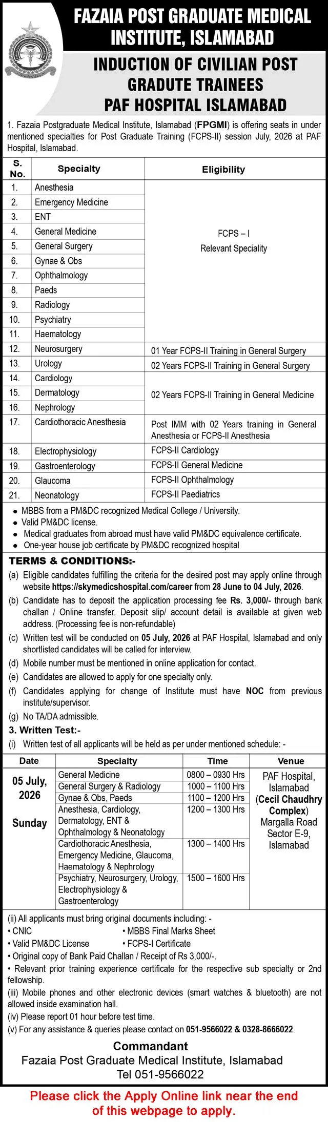 Job Advertisement - Fazaia Postgraduate Medical Institute Islamabad FCPS Postgraduate Training 2026 June / July