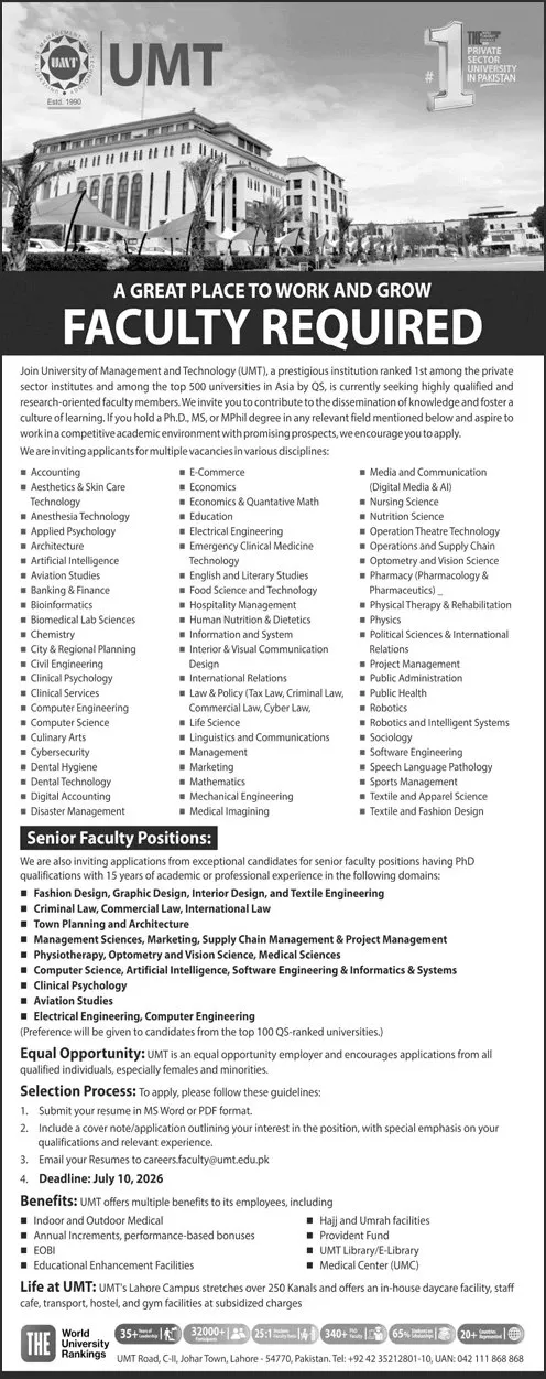 Job Advertisement - University of Management and Technology Lahore Jobs 2026 June / July Teaching Faculty UMT Latest