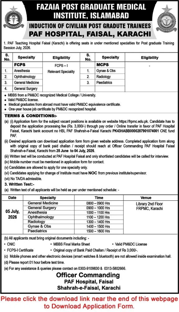 Job Advertisement - PAF Teaching Hospital Faisal Karachi FCPS / MCPS Postgraduate Training 2026 June / July Application Form FPGMI Latest