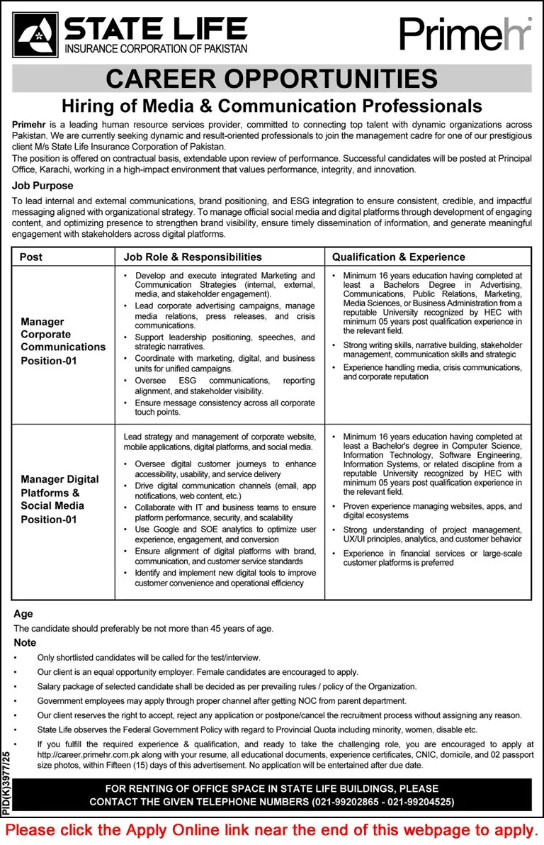 Job Advertisement - Manager Jobs in State Life Insurance Corporation of Pakistan