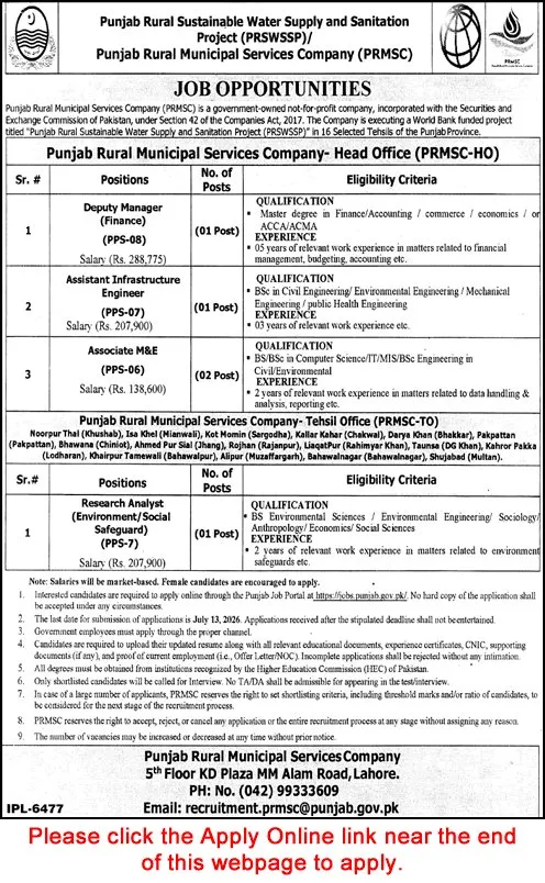 Job Advertisement - Punjab Rural Municipal Services Company Jobs June 2026 July Online Apply PRMSC PRSWSSP Latest