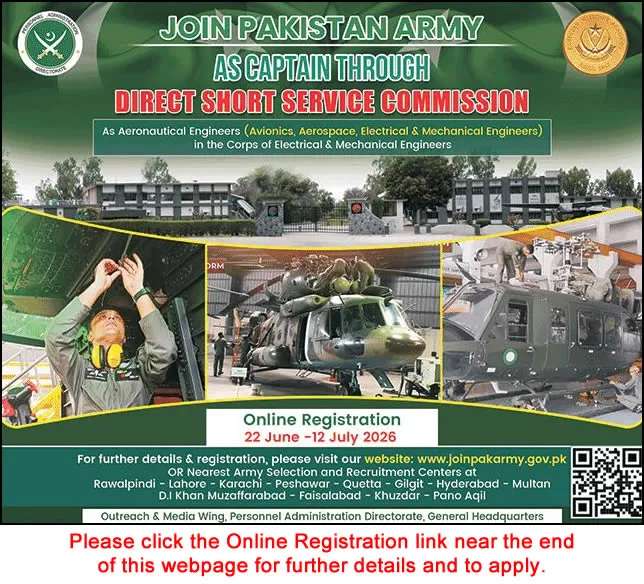 Job Advertisement - Join Pakistan Army as Captain June 2026 through Direct Short Service Commission Online Registration as Aeronautical Engineers