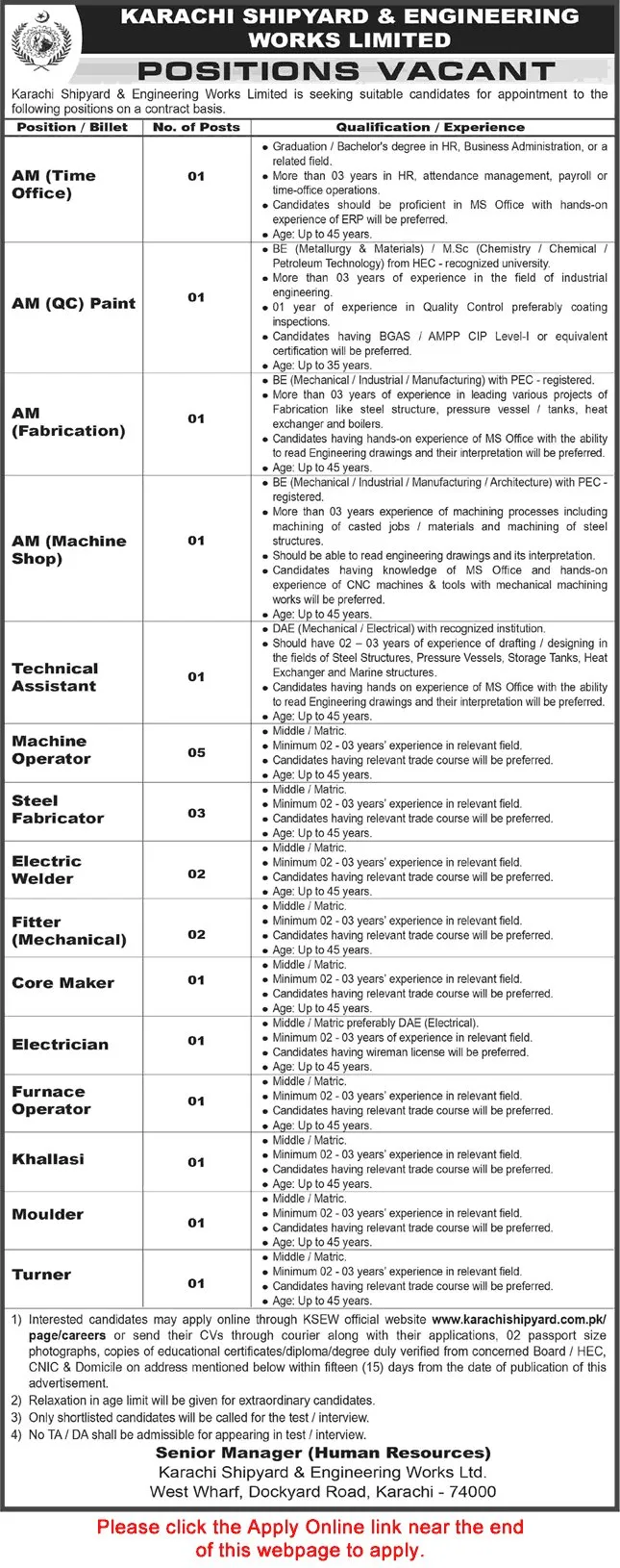 Job Advertisement - Karachi Shipyard and Engineering Works Jobs June 2026 Apply Online Assistant Manager, Machine Operators & Others