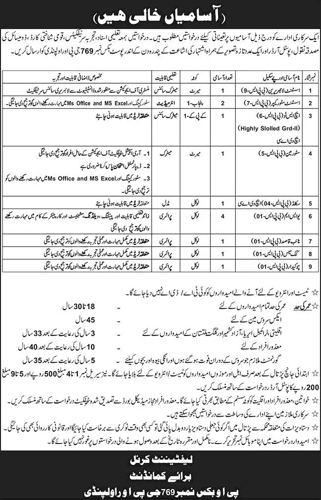Job Advertisement - PO Box 769 GPO Rawalpindi Jobs June 2026 USM Labour, Assistant Store Keepers & Others Pakistan Army Latest