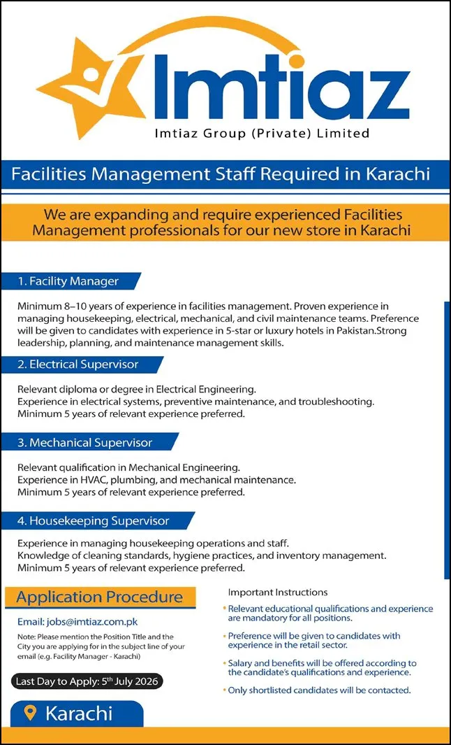 Job Advertisement - Imtiaz Supermarket Karachi Jobs - Housekeeping Supervisor, Facility Manager & Others