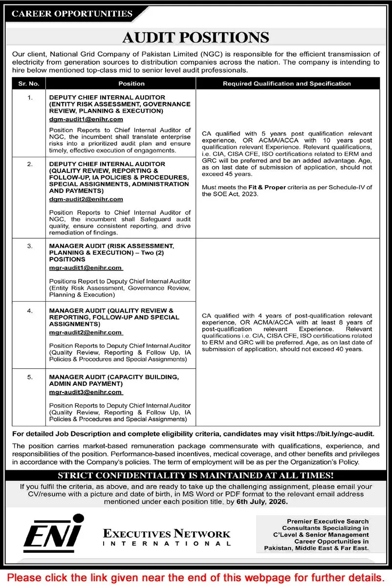 Job Advertisement - National Grid Company of Pakistan Jobs June 2026 Audit Manager & Deputy Chief Internal Auditor NGC NTDC ENI Latest