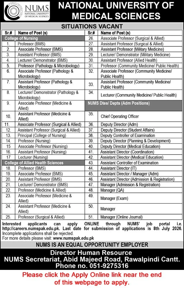 Job Advertisement - NUMS University Rawalpindi Jobs June 2026 Apply Online Teaching Faculty & Others Latest