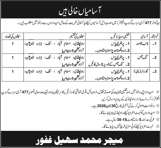 Job Advertisement - Headquarter 477 Army Survey Group Engineers Rawalpindi Jobs 2026