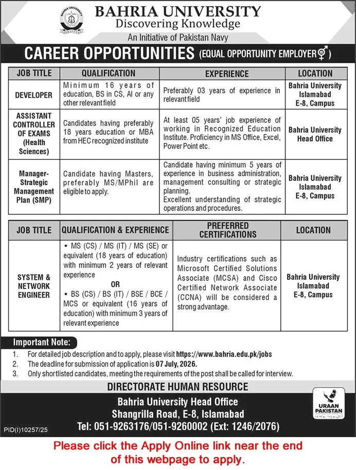 Job Advertisement - Bahria University Islamabad Jobs 2026 June Apply Online Software Developer & Others Latest