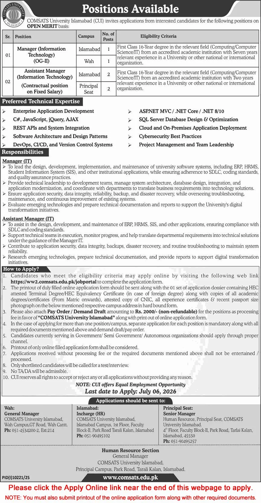 Job Advertisement - COMSATS University Islamabad Jobs June 2026 Apply Online Assistant / Managers IT CUI Latest