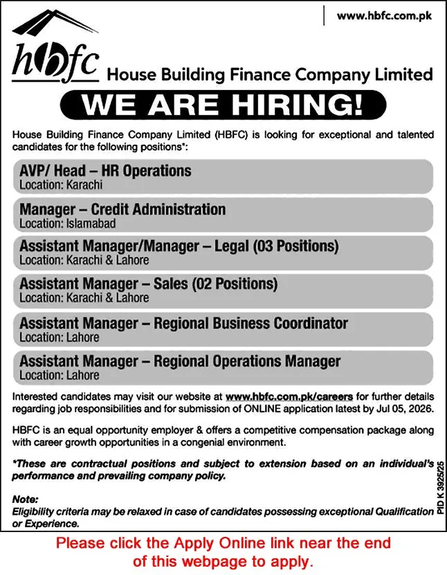 Job Advertisement - House Building Finance Company Jobs June 2026 Apply Online Assistant Managers & Others HBFC Latest