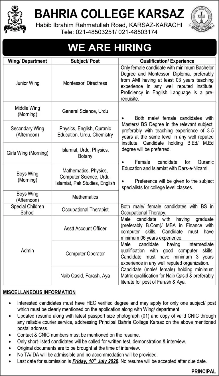 Job Advertisement - Bahria College Karsaz Karachi Jobs June 2026 Teaching Faculty & Others Pakistan Navy Latest