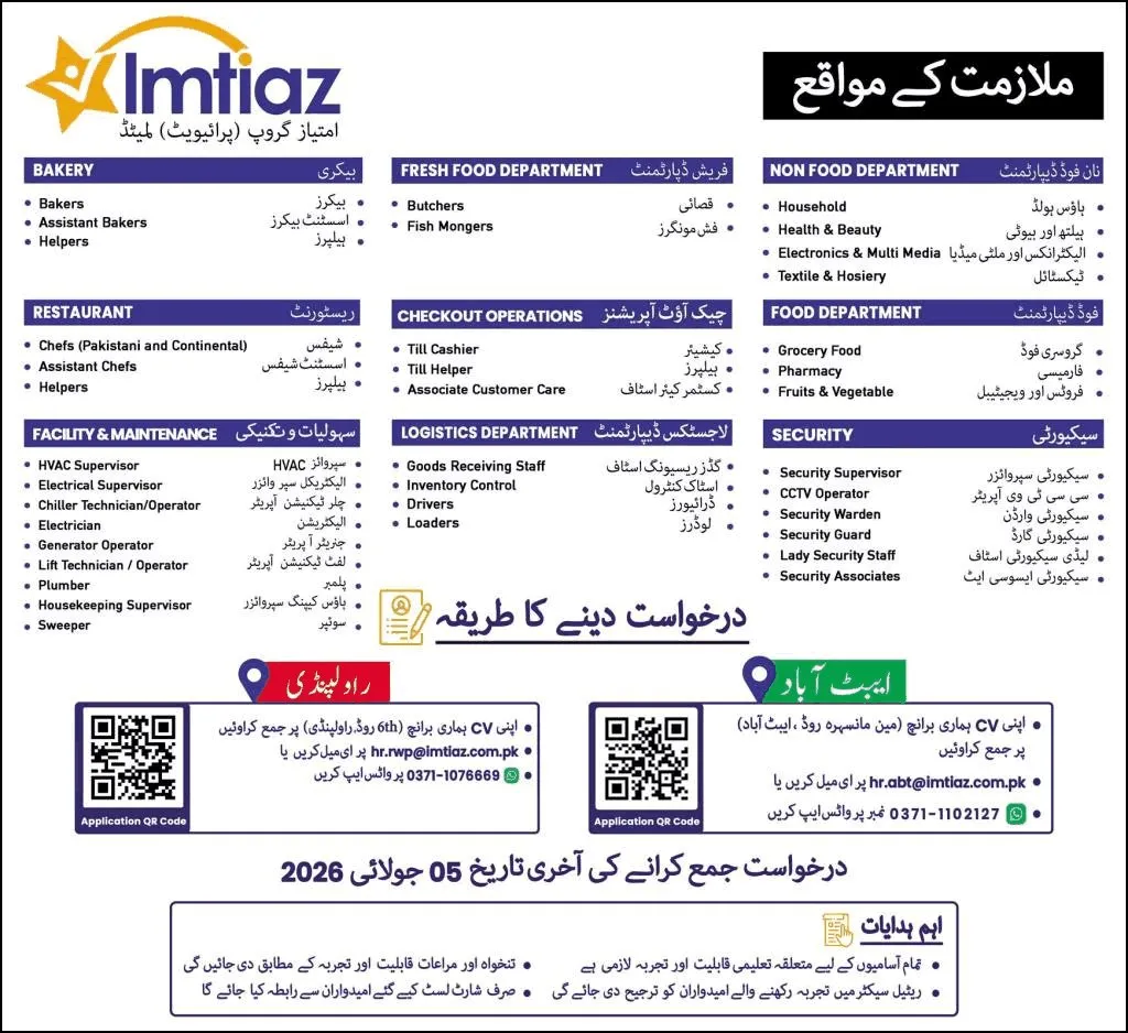 Job Advertisement - Imtiaz Supermarket Rawalpindi / Abbottabad Jobs June 2026 Sales Staff, Cashiers, Security Staff & Others Latest