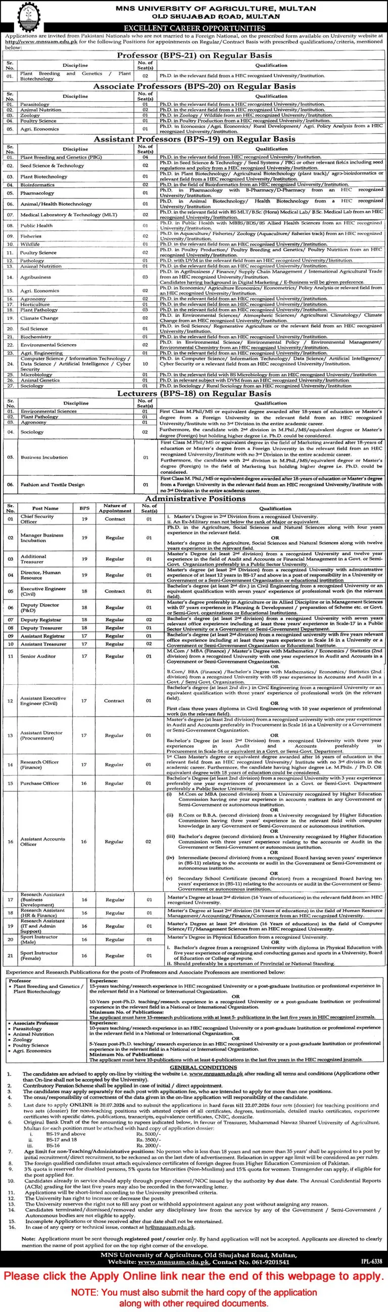 Job Advertisement - Muhammad Nawaz Shareef University of Agriculture Multan Jobs June 2026 Apply Online Teaching Faculty & Others Latest