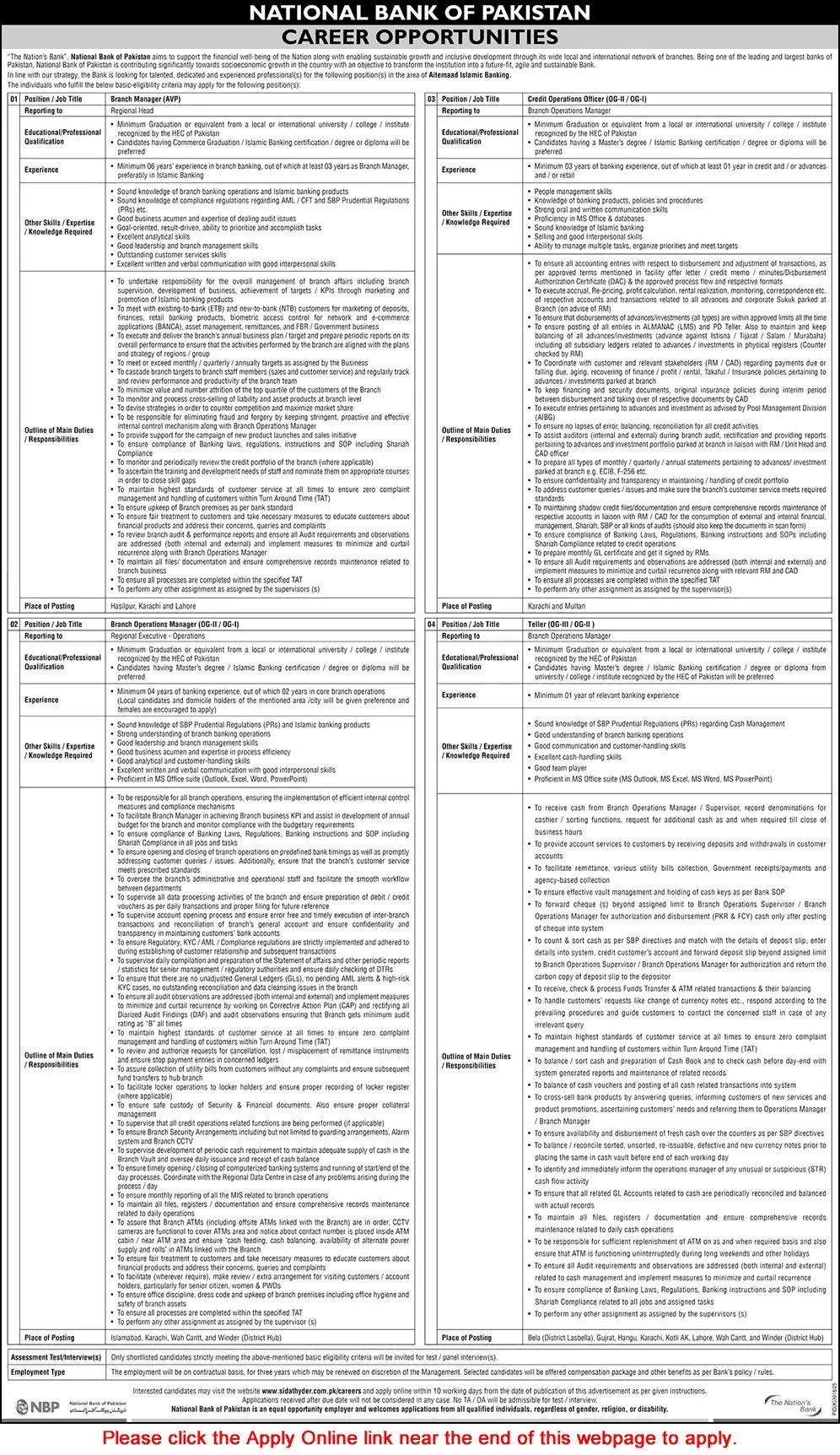 Job Advertisement - National Bank of Pakistan Jobs June 2026 Apply Online Tellers, Branch Operations Managers & Others Latest
