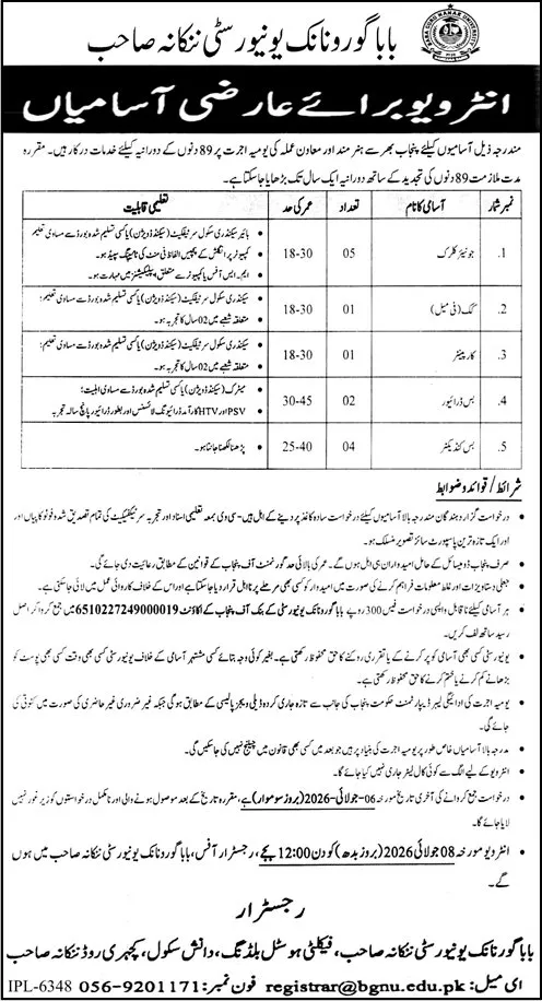 Job Advertisement - Baba Guru Nanak University Nankana Sahib Jobs June 2026 Clerks, Drivers & Others Latest