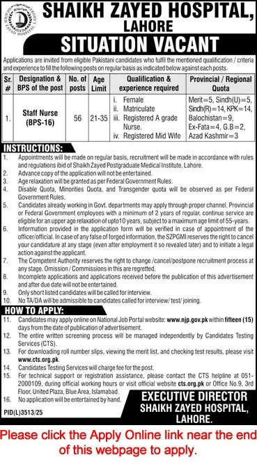 Job Advertisement - Staff Nurse Jobs in Shaikh Zayed Hospital Lahore June 2026 Apply Online Latest