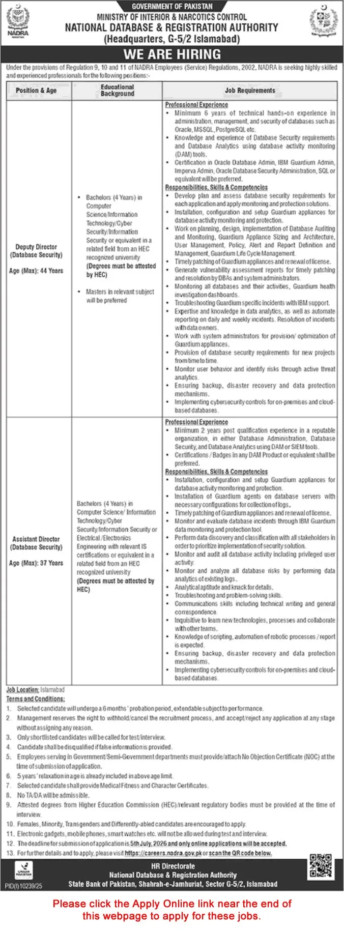 Job Advertisement - NADRA Jobs June 2026 Apply Online Assistant / Deputy Directors Database Security Latest
