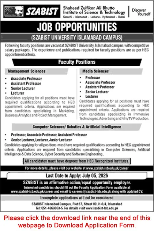 Job Advertisement - Faculty Positions at SZABIST University Islamabad