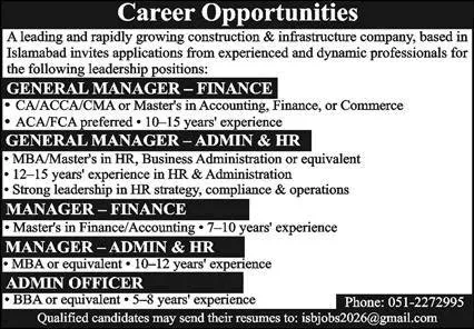 Job Advertisement - Construction Company Jobs in Islamabad June 2026 Admin Officer, Finance Manager & Others Latest