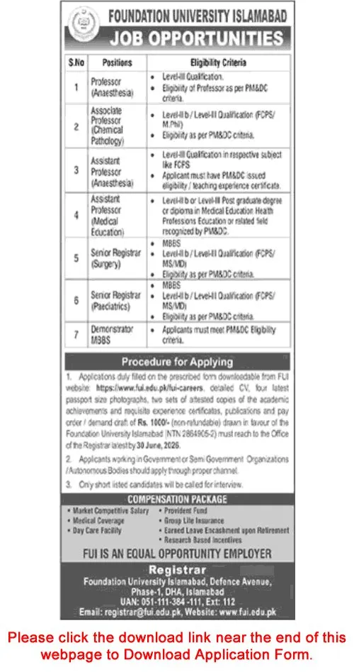 Job Advertisement - Foundation University Islamabad Jobs June 2026 Application Form Teaching Faculty Latest