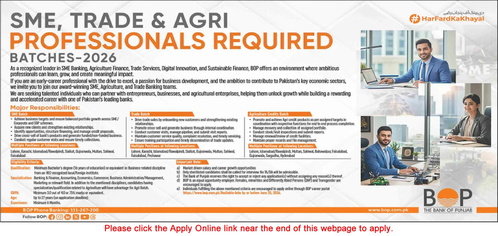Job Advertisement - Bank of Punjab Jobs June 2026 Apply Online for SME / Trade / Agriculture Professionals
