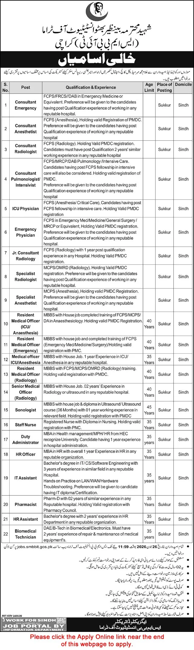 Job Advertisement - Shaheed Mohtarma Benazir Bhutto Institute of Trauma Sukkur Jobs June 2026 Apply Online SMBBIT Latest